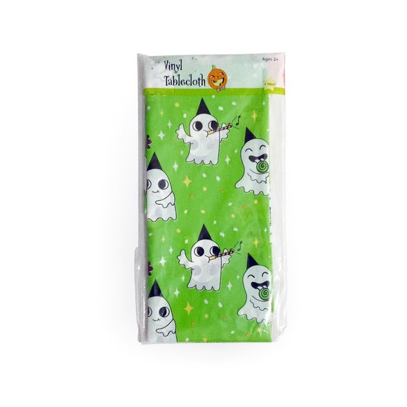 Green Halloween 54" x 96" Vinyl Tablecloth - Happy Kid Party Ghosts Pattern - Picture 1 of 1